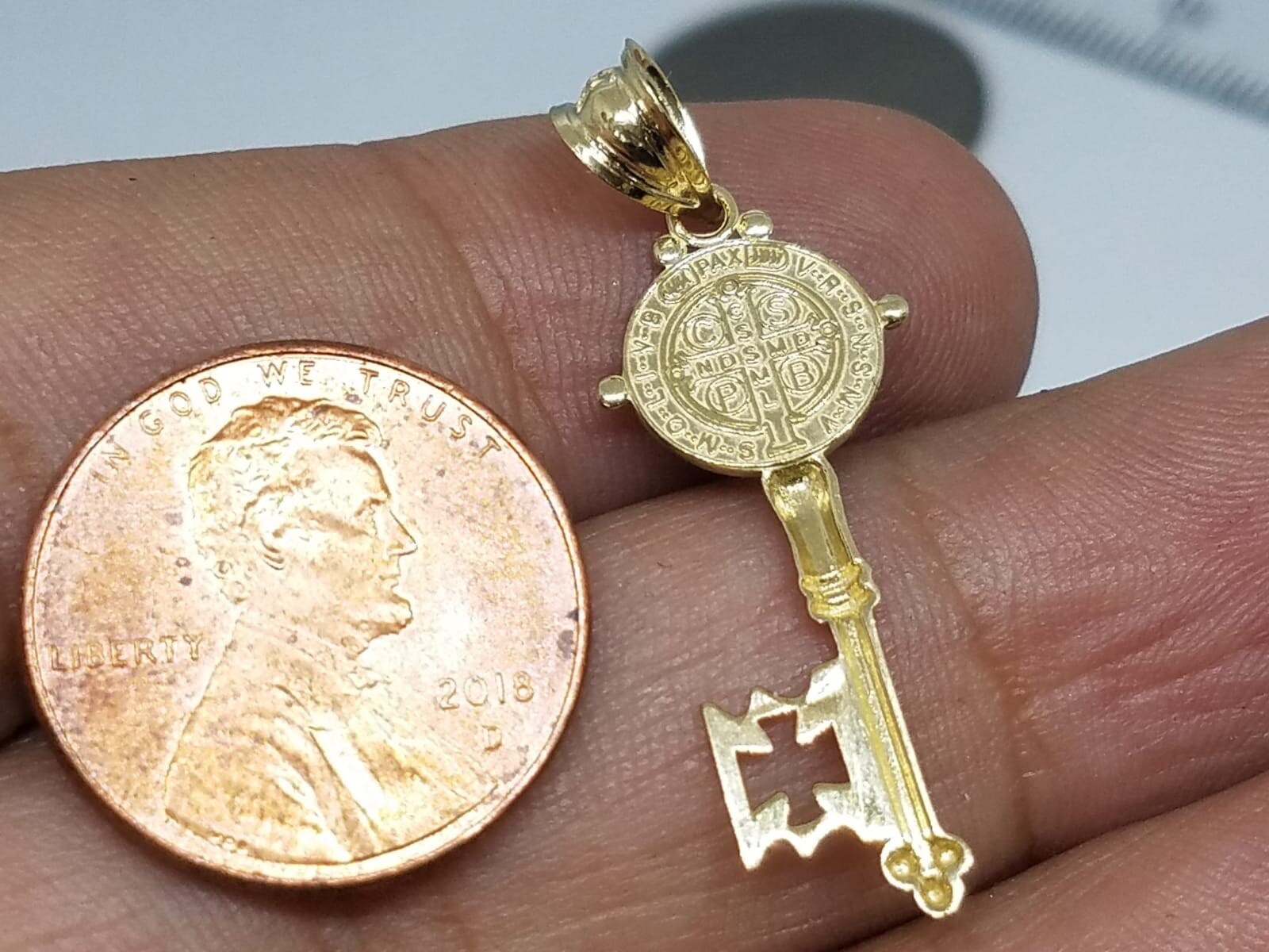 GOLd st Saint Benedict San Benito senita pendant key cross 10k solid charm 1.35″