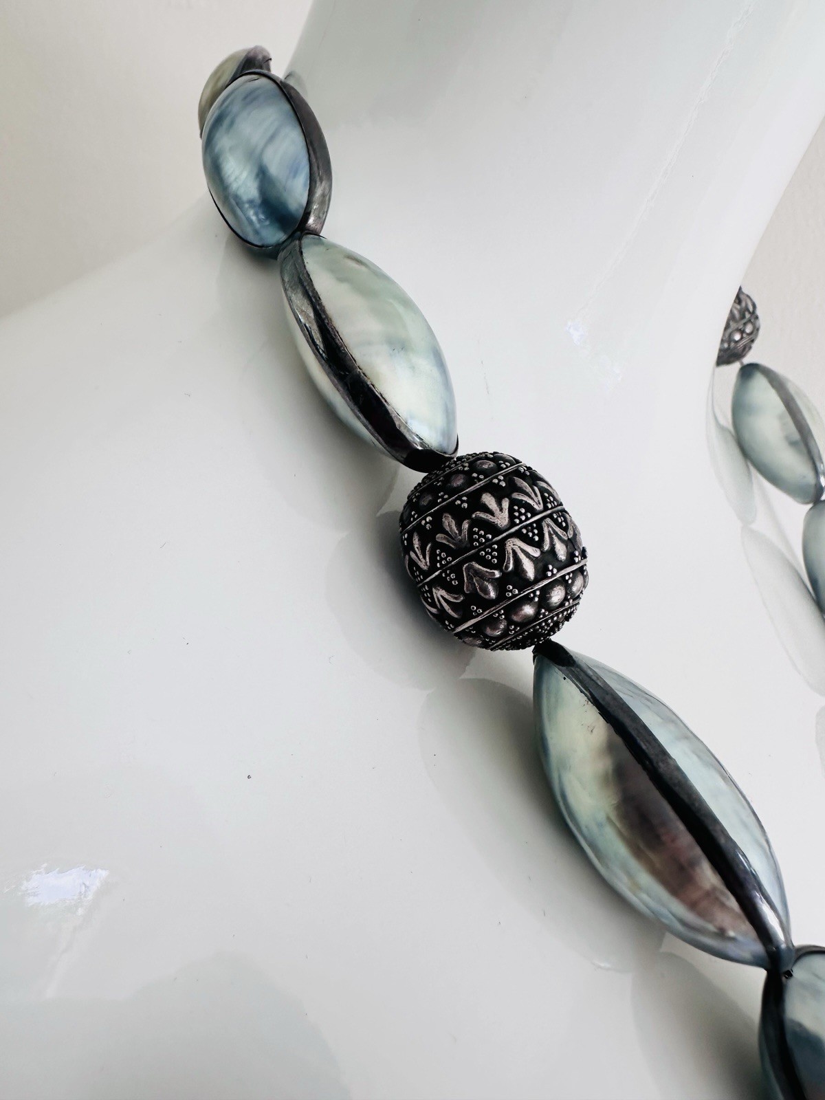 Rare Nautilus Osmena Pearl Antique 925 Silver Necklace 70cm Blue-Gray Iridescent