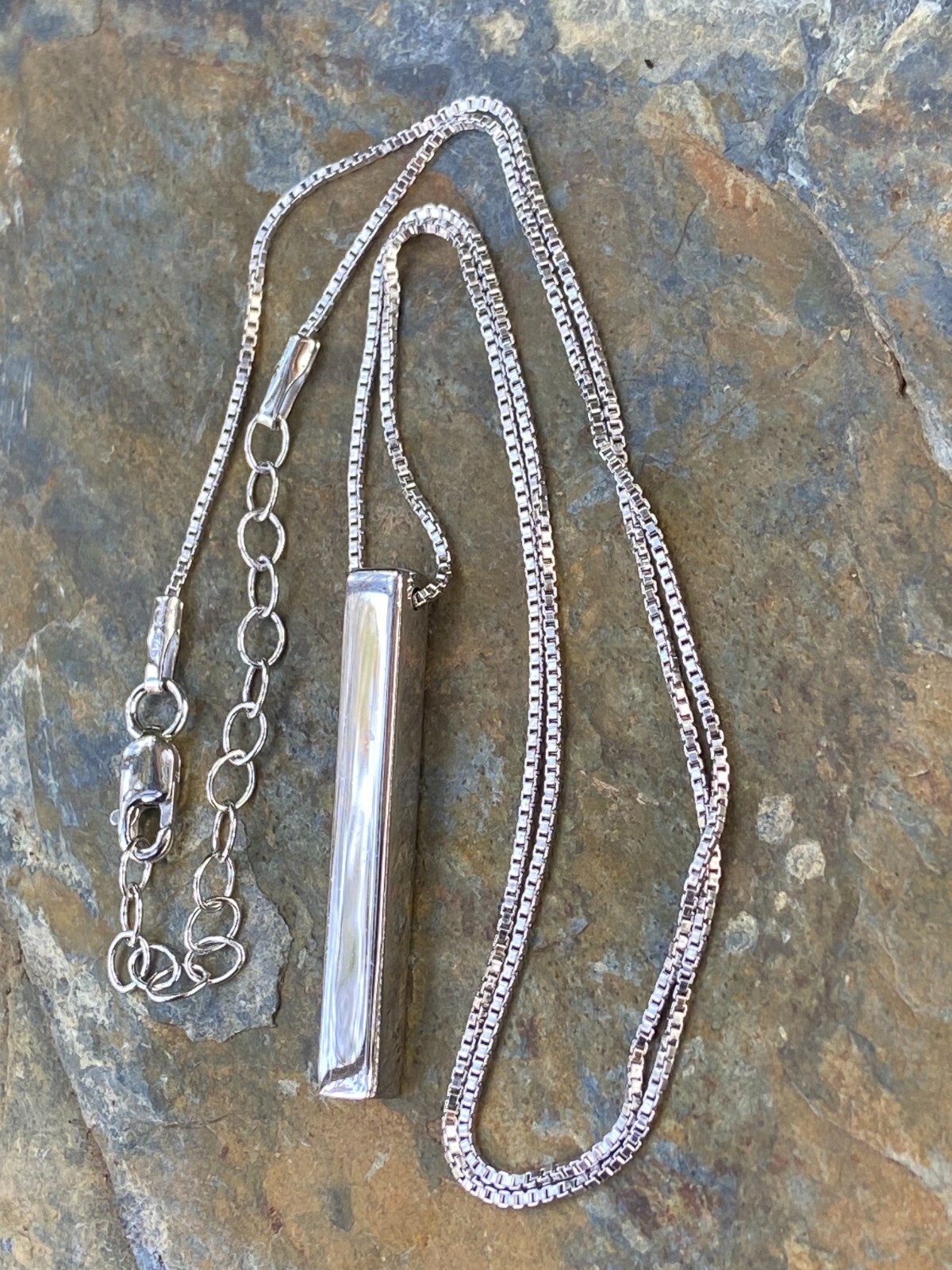 925 Sterling Silver Drop Down Bar Necklace 3D Vertical Rhodium 18″ Adjustable