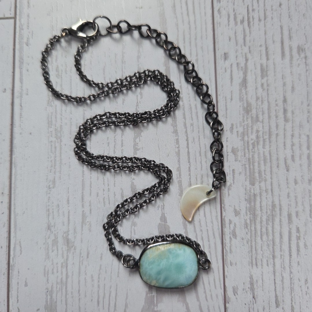 Larimar Blue Stone Necklace Crescent Moon Charm Boho Beach Jewelry
