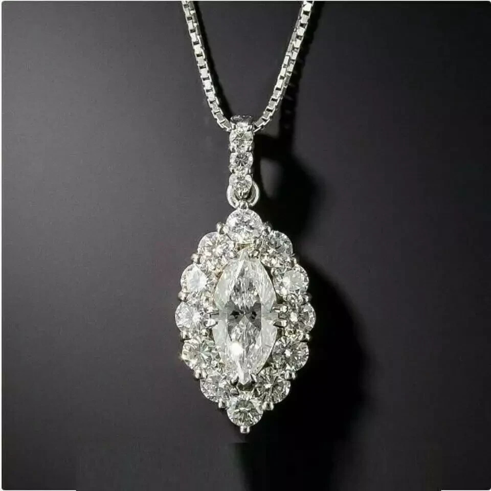 3 Carat Marquise Cut VVS1 Diamond Halo Pendant Necklace 14K White Gold Finish
