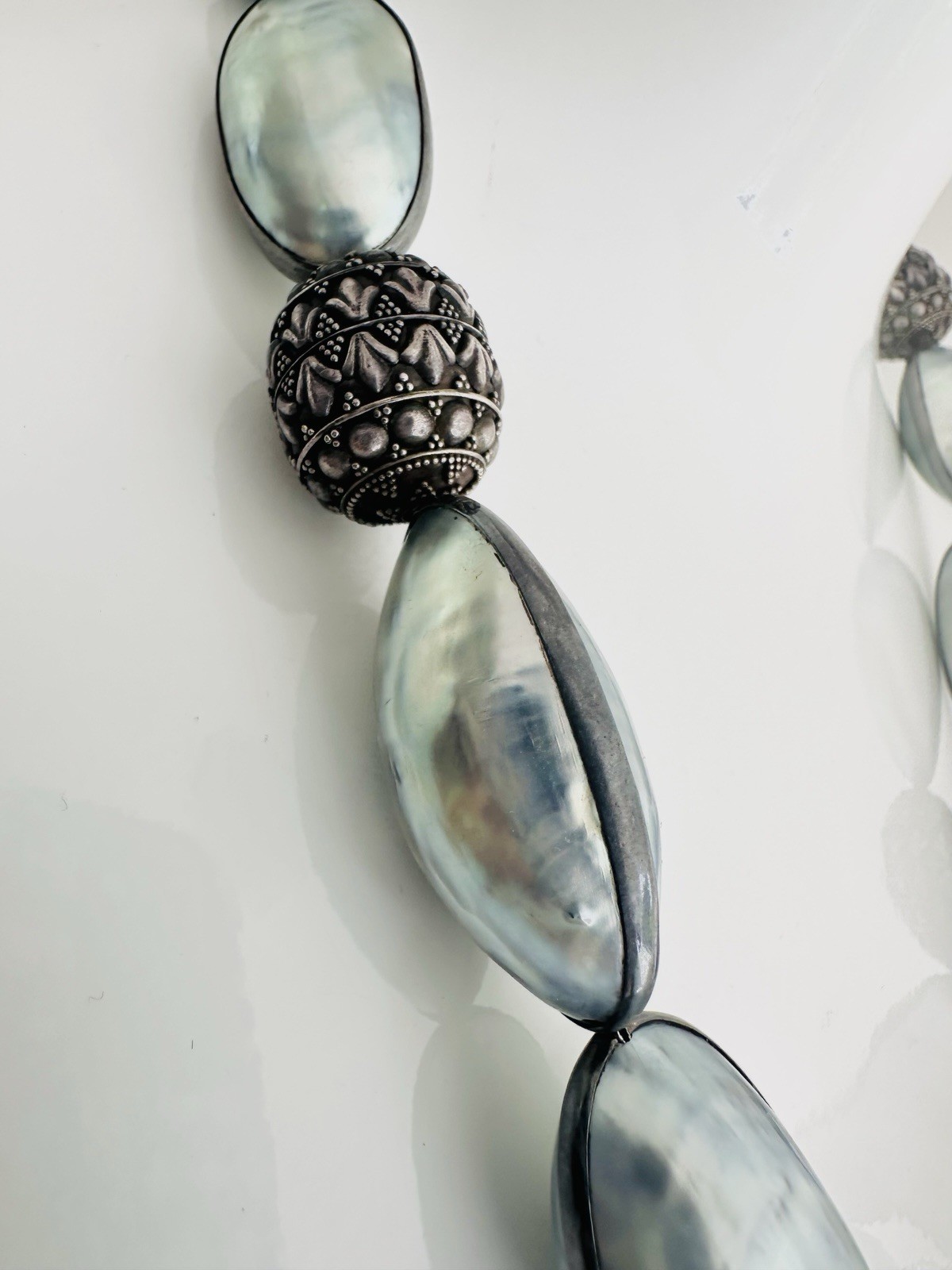 Rare Nautilus Osmena Pearl Antique 925 Silver Necklace 70cm Blue-Gray Iridescent
