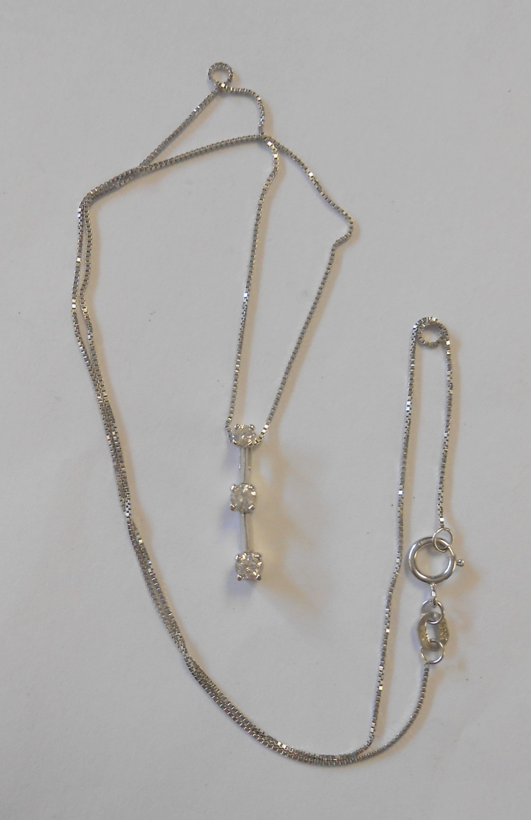 14K White Gold 3 Diamond Pendant Necklace Past Present & Future Approx 1/4 Carat