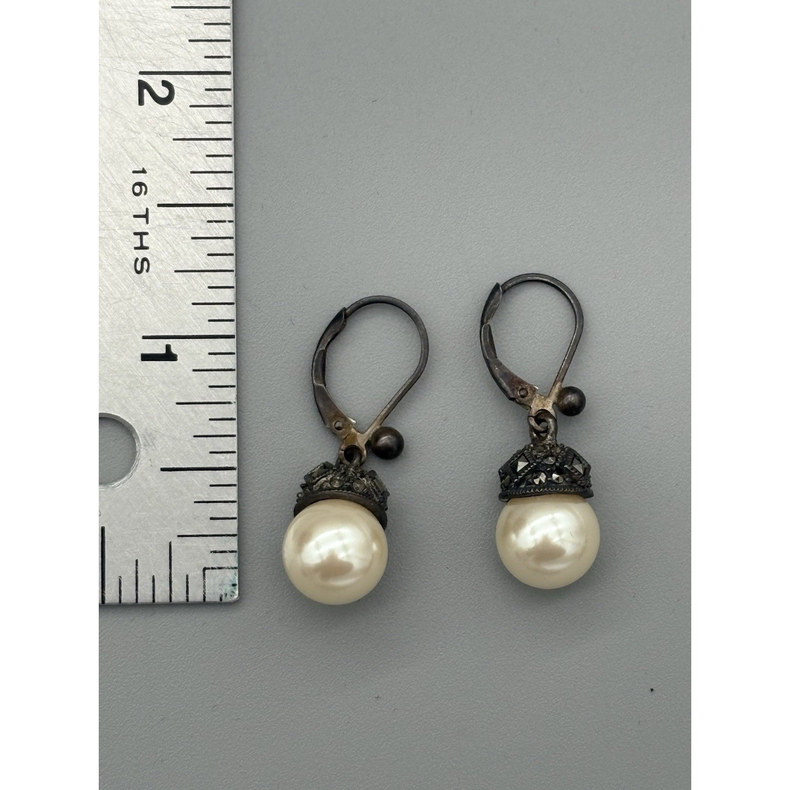Judith Jack Marcasite sterling silver Necklace & SS Faux Pearl Earrings 30g 9″