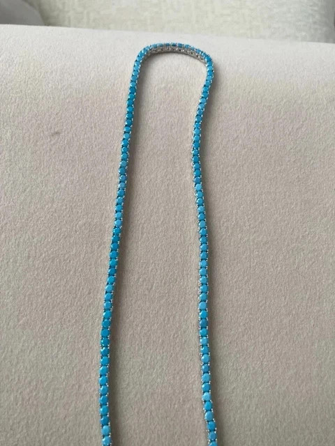 3MM Round Cut Blue Turquoise Tennis Women’s Necklace 18” 14k White Gold Plated