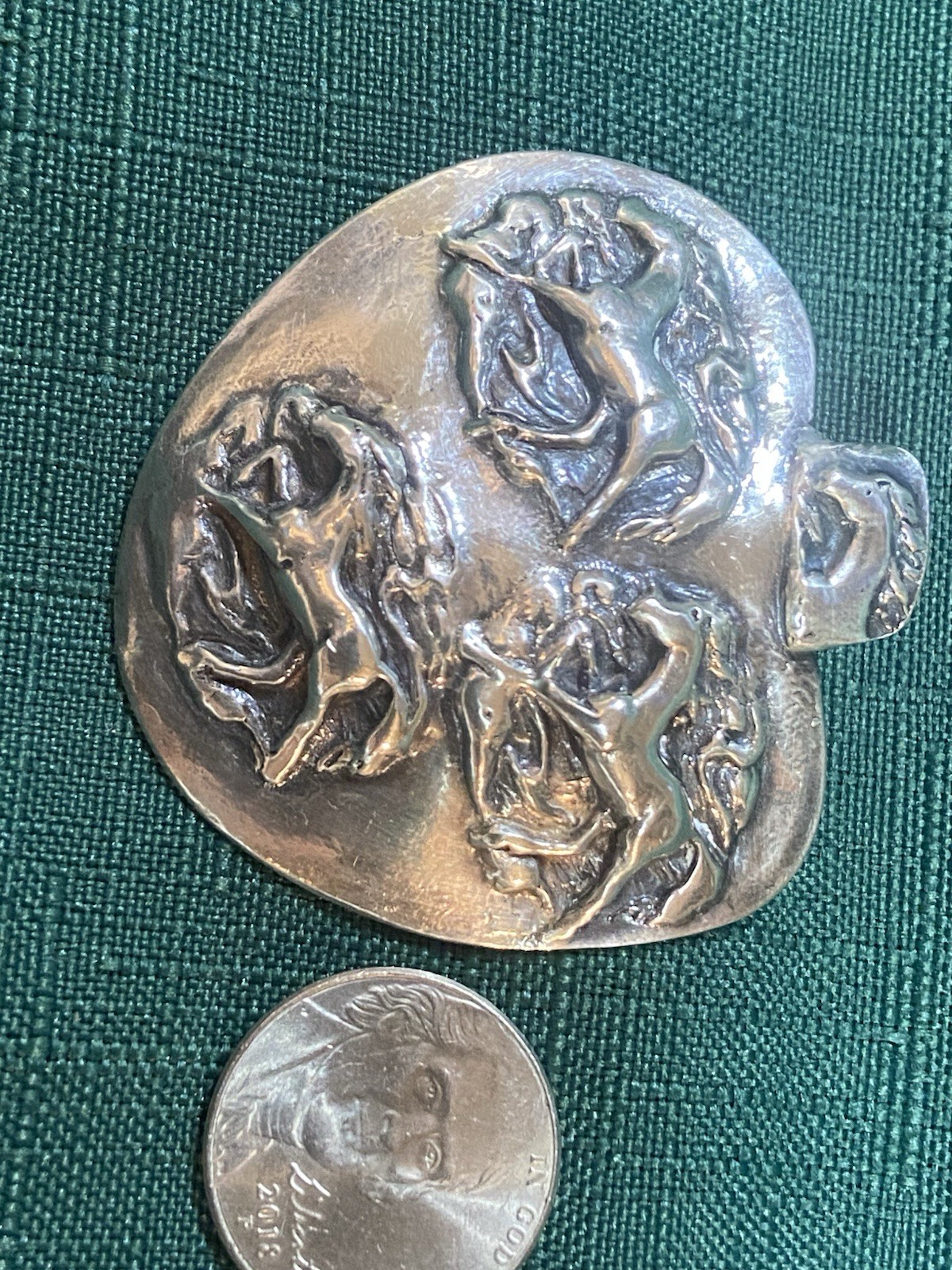Vintage WILD HORSES Signed NB 999 Fine Silver PENDANT Unknown Artist HEART SHAPE