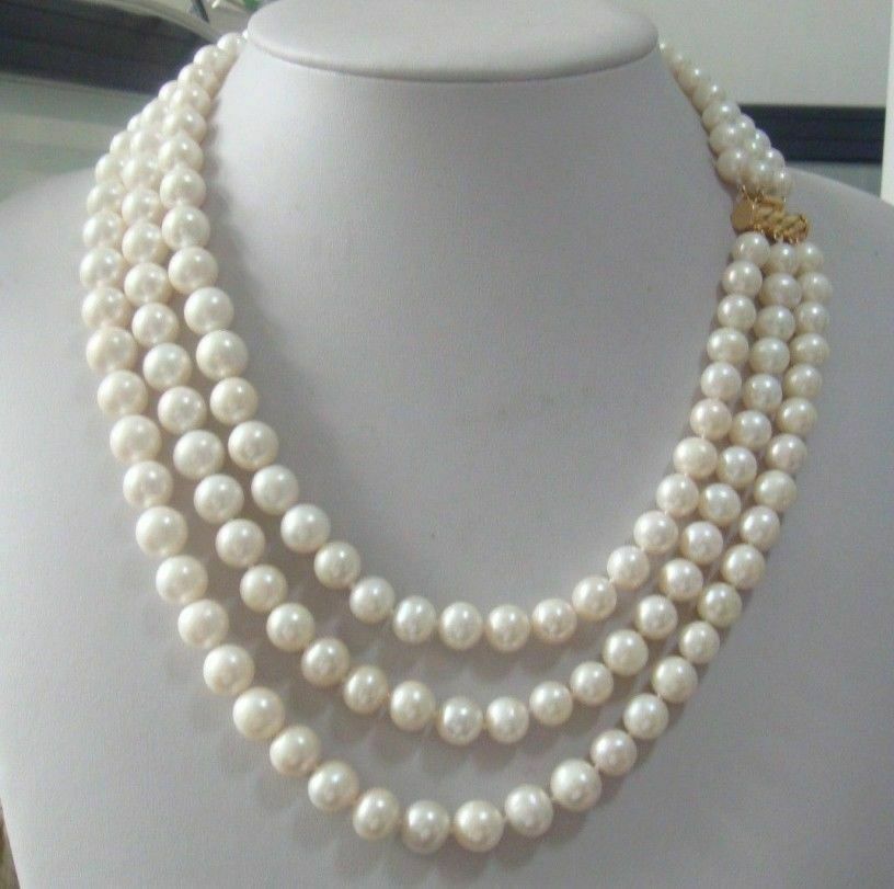 Natural AAA 9-8 mm triple strands south sea white pearl necklace 18-22″ 14K