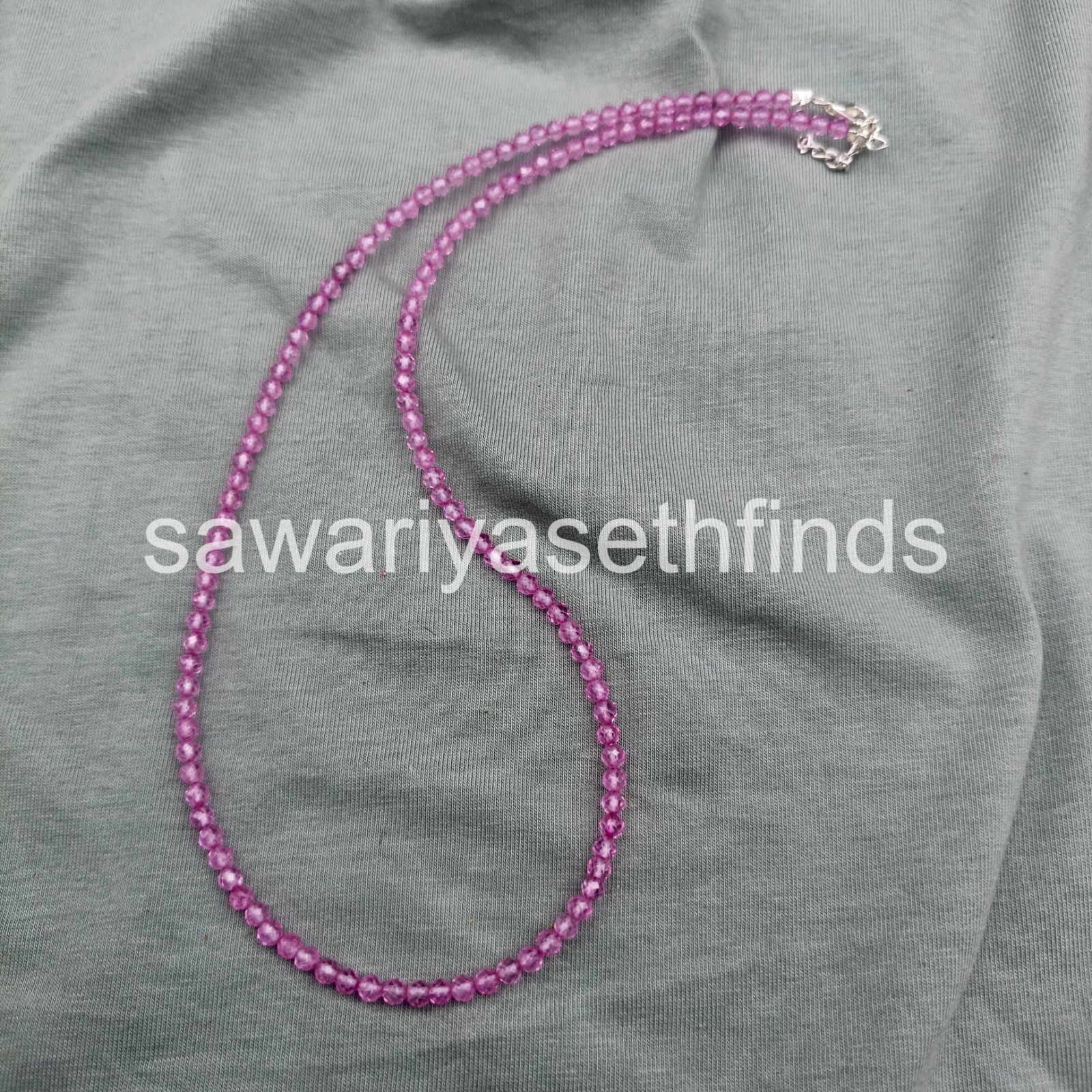 Pink Topaz 3mm Faceted Round Beaded Necklace, Sterling Silver Clasp, Minimal Lay