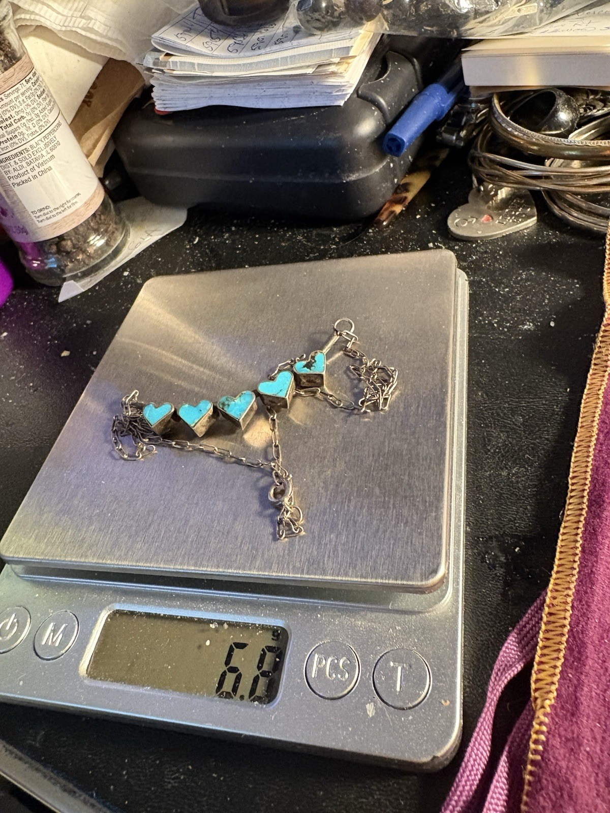 Sterling Five Heart Turquoise Placket Paper Clip Pendant Necklace Delicate