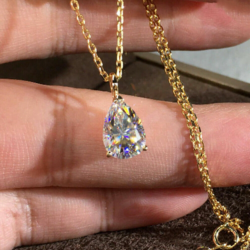 3.00 Ct Pear Cut Moissanite 3 Prong Solitaire Pendant /No chain In Yellow Gold
