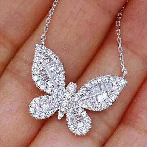 Baguette/Round Butterfly Shapes Cluster Pendant Natural Diamond 14K White Gold