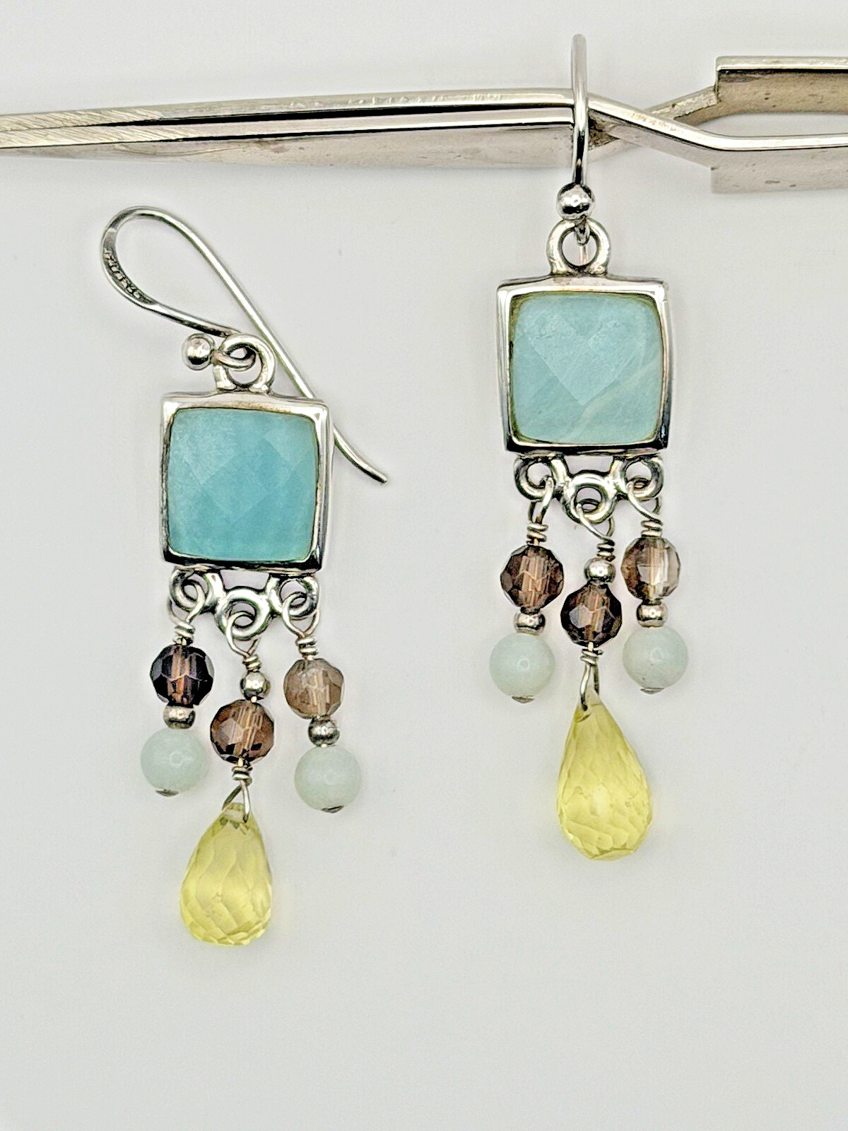 Barse 925 Blue Larimar, Citrine, Smoky Quartz Dangle Earrings – Rare Find