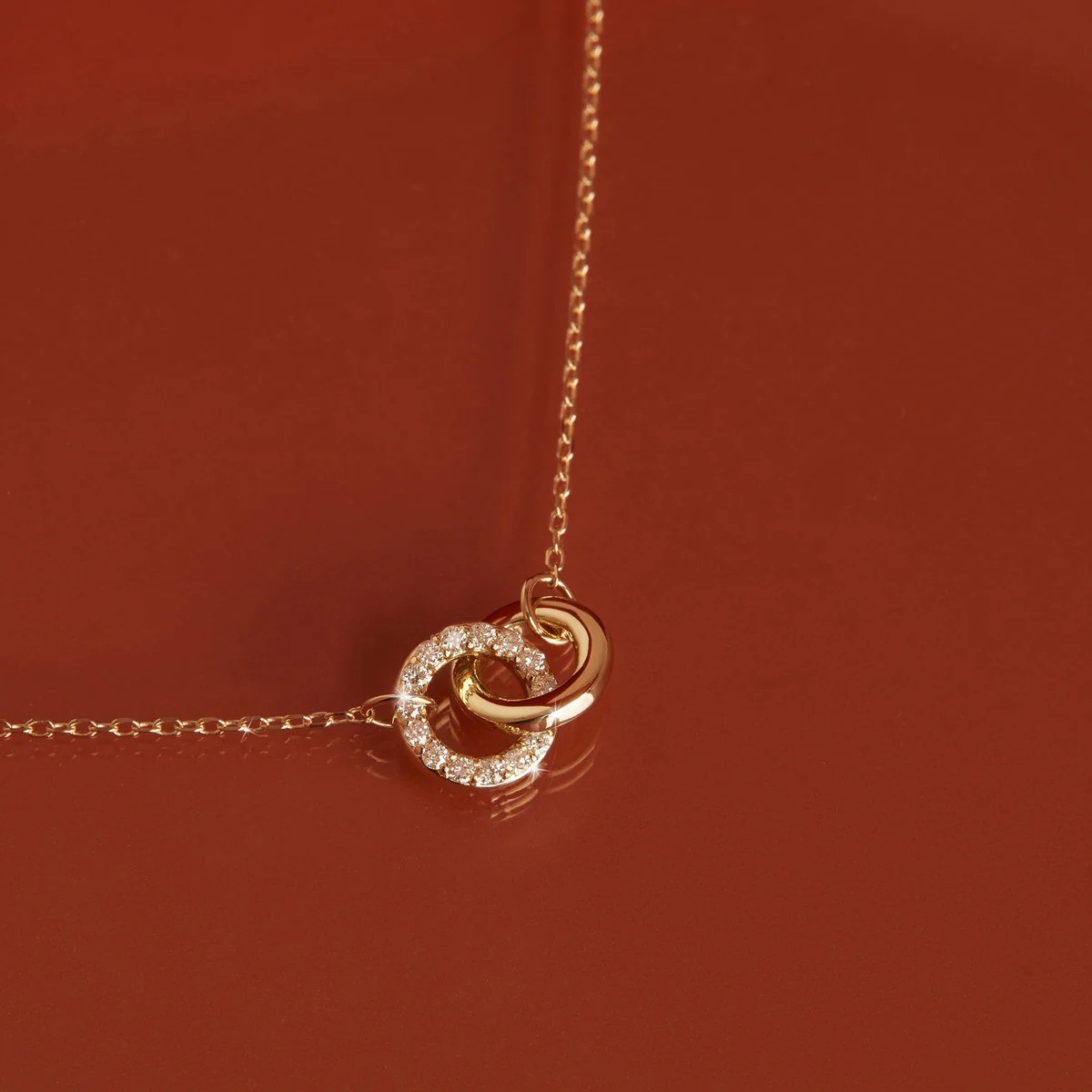 Round Natural Diamond Interlocking Pendant Necklace 14K Solid Yellow Gold
