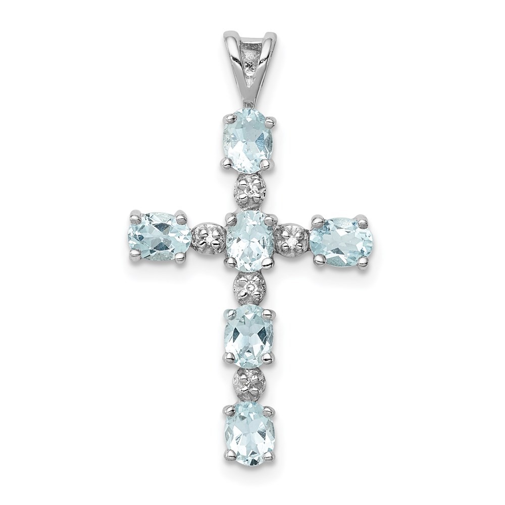 Sterling Silver Rhodium-plated Diamond & Aquamarine Cross Pendant L-1.17 Inch