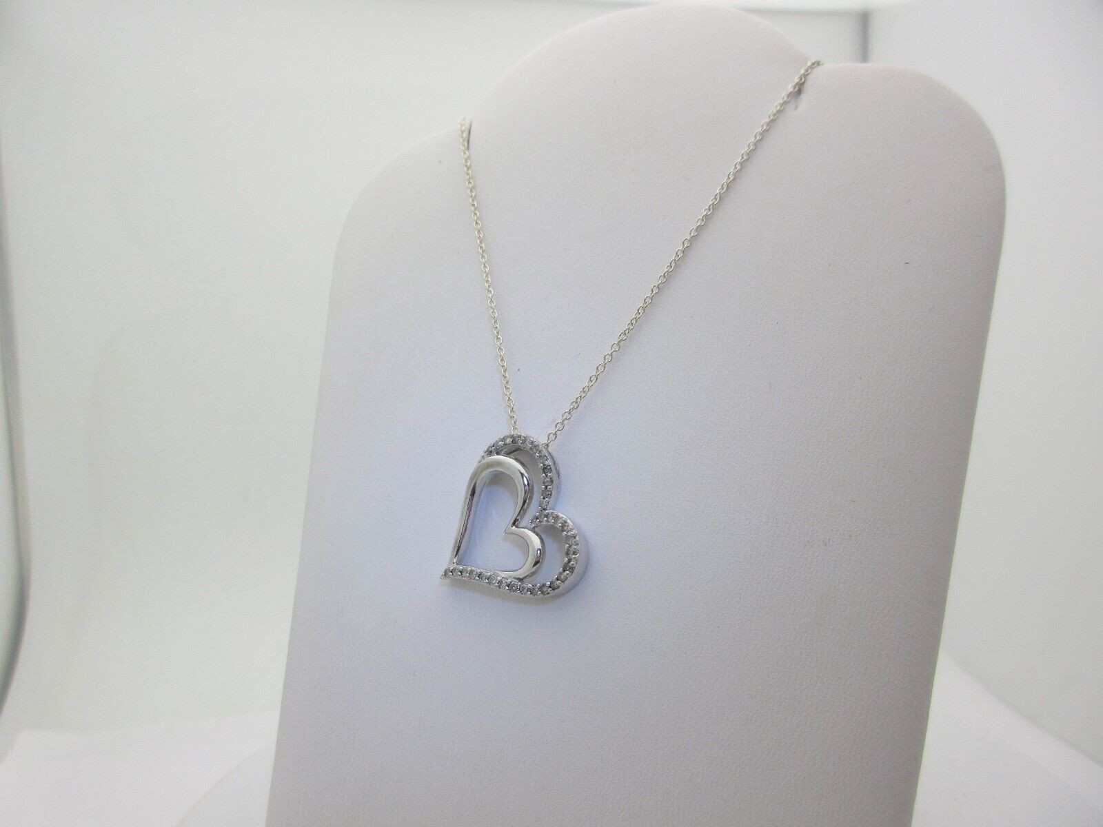 Natural Diamond Necklace Heart Women Double Sterling Silver Gift 19″ .32ct SN007