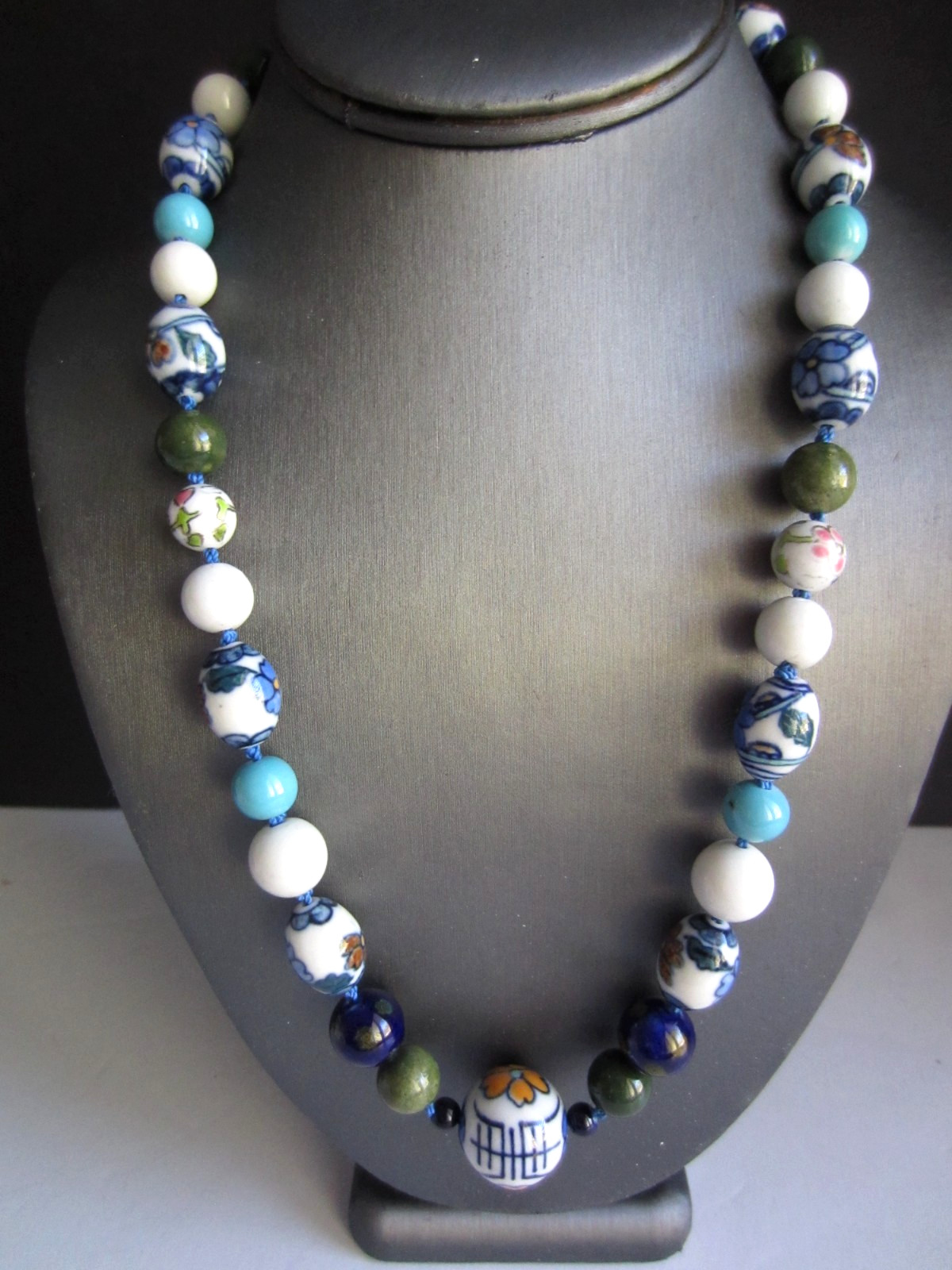 Mixed Porcelain Beaded Necklace Knotted Sterling Clasp 23.5″