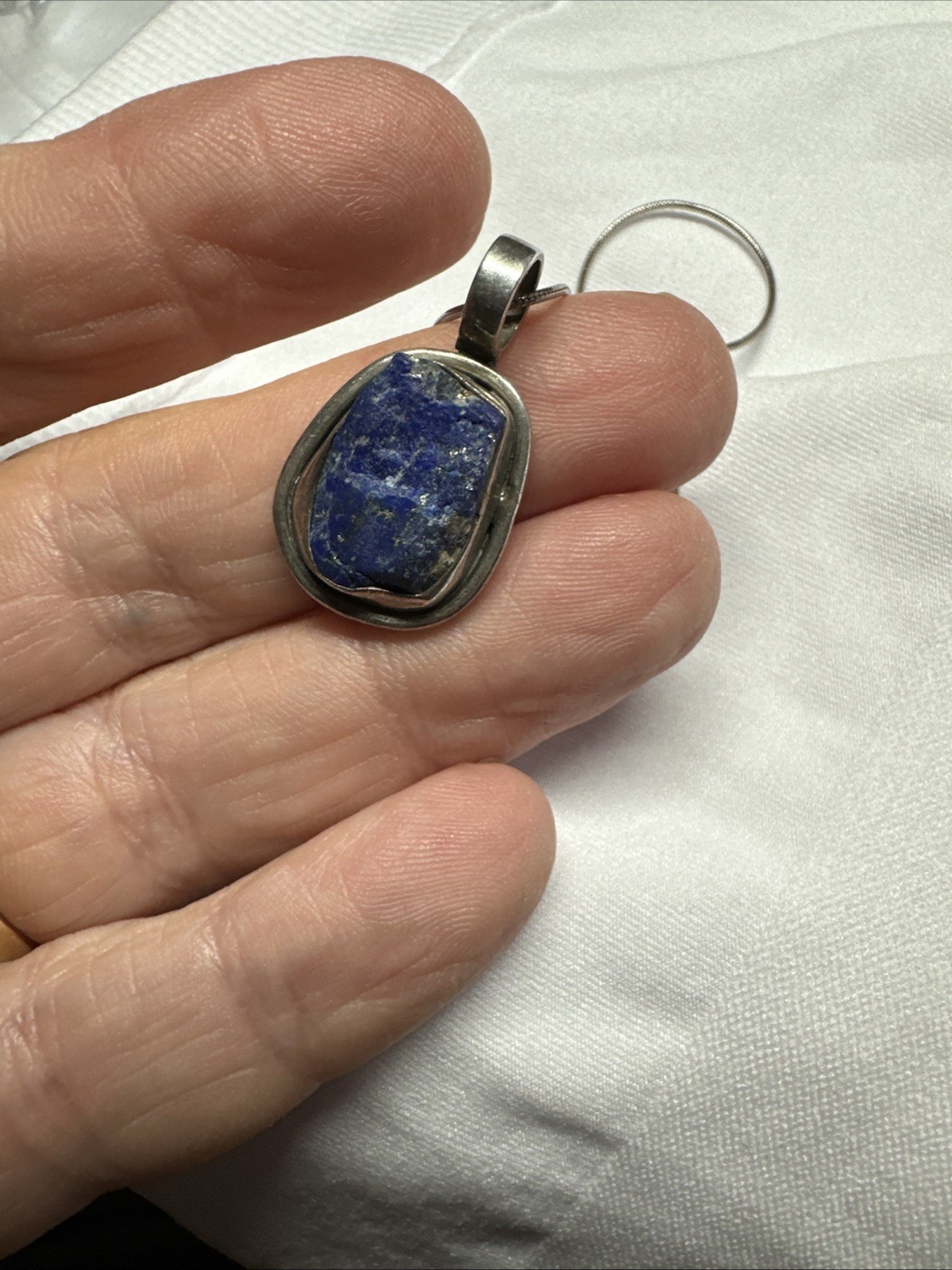 Sterling Silver Raw Lapis Lazuli Pendant on 46cm Snake Chain – 925 – 3cm Pendant