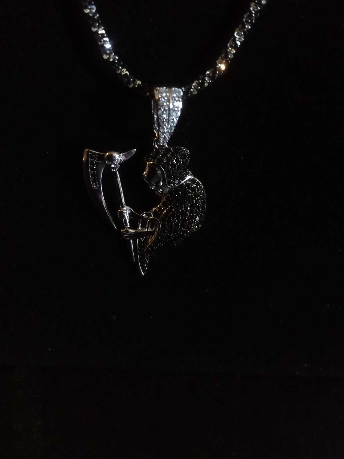 Sterling Silver Grim Reaper Pendant W/Black Rodium & Sterling 24″ chain