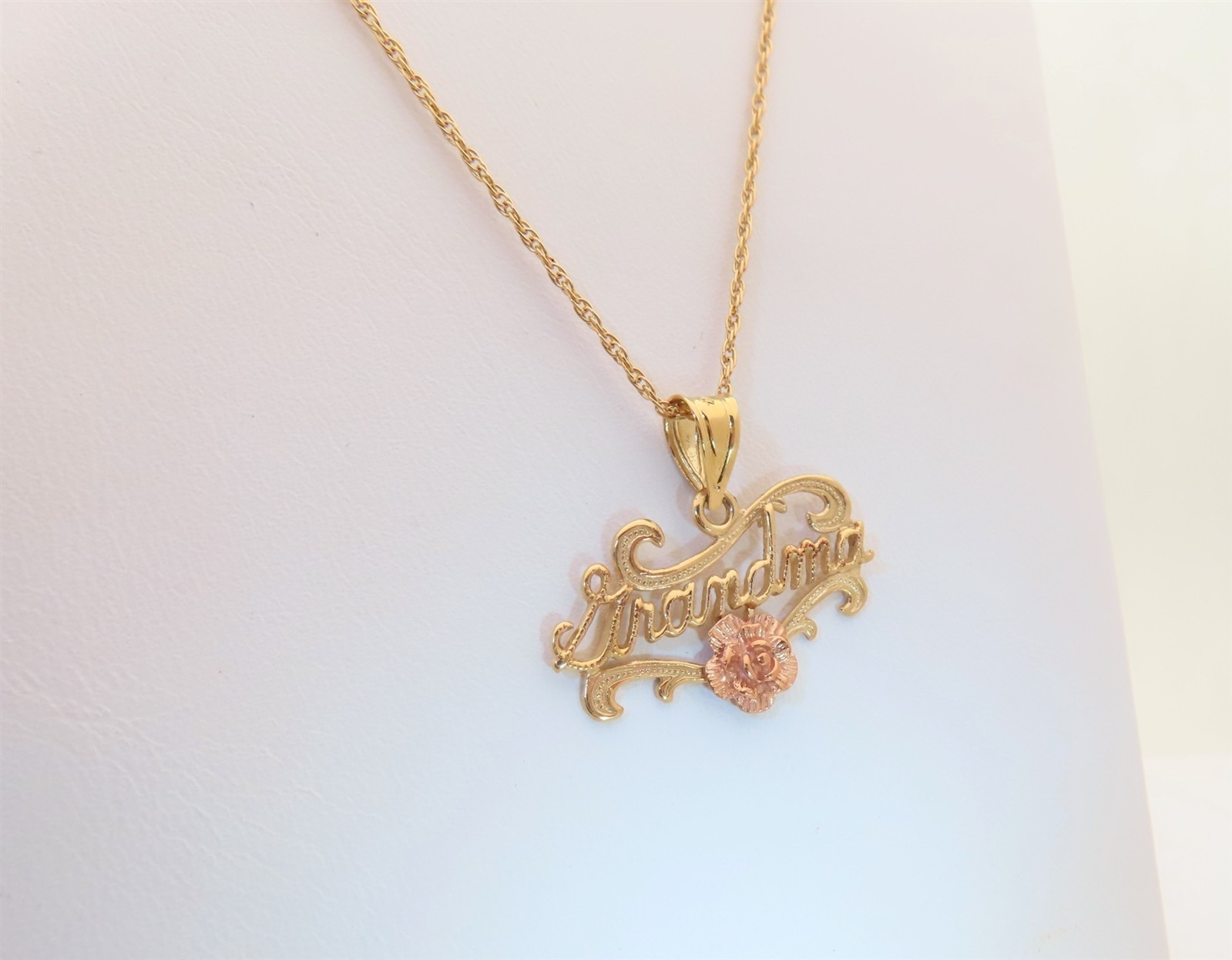 Gold Grandmother Necklace Grandma Jewelry Gift 14K Solid Gold Rose 24″ PN049