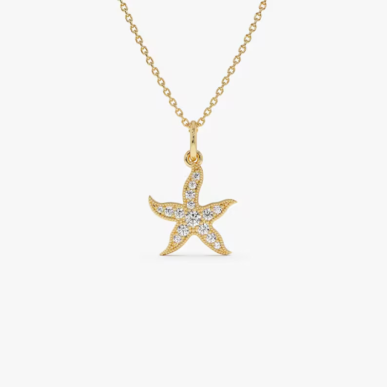 Minimalist Natural Diamond Starfish Charm Pendant 18” GH/SI 14K Gold 0.30Ct