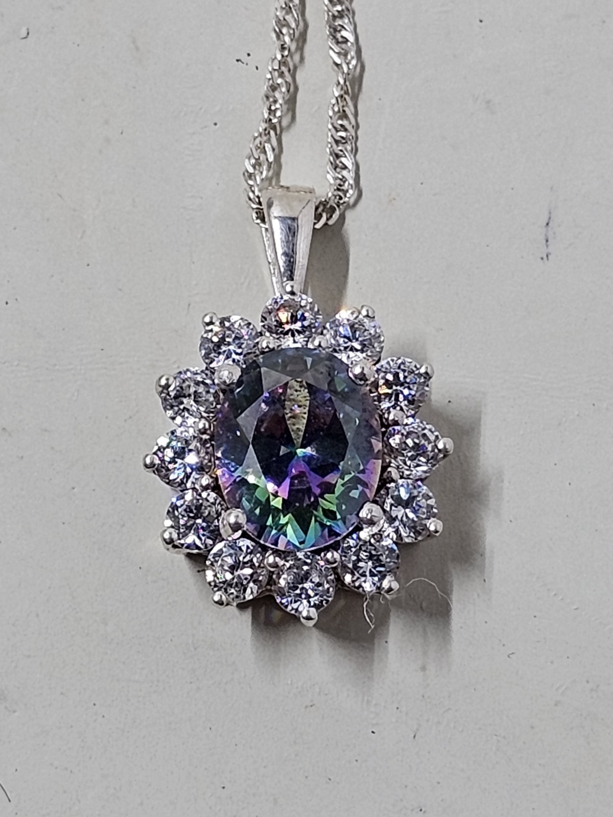 Mystic Topaz Pendant Necklace 925 Sterling Silver CZ Halo India 18″