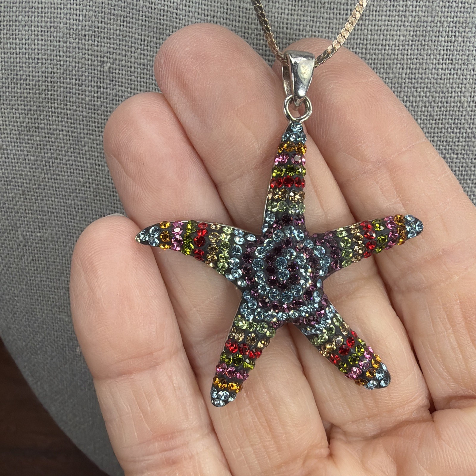 Sterling Silver Pave Multicolor Rainbow Rhinestone Starfish Pendant Thailand 16″