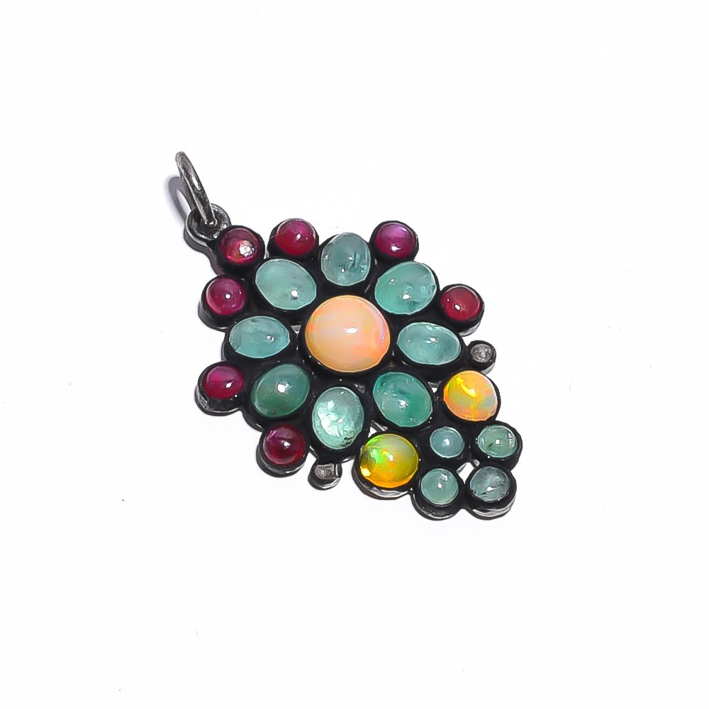 Ethiopian Opal Emerald Ruby Gemstone 925 Sterling Silver Pendant 1.3″ P-354
