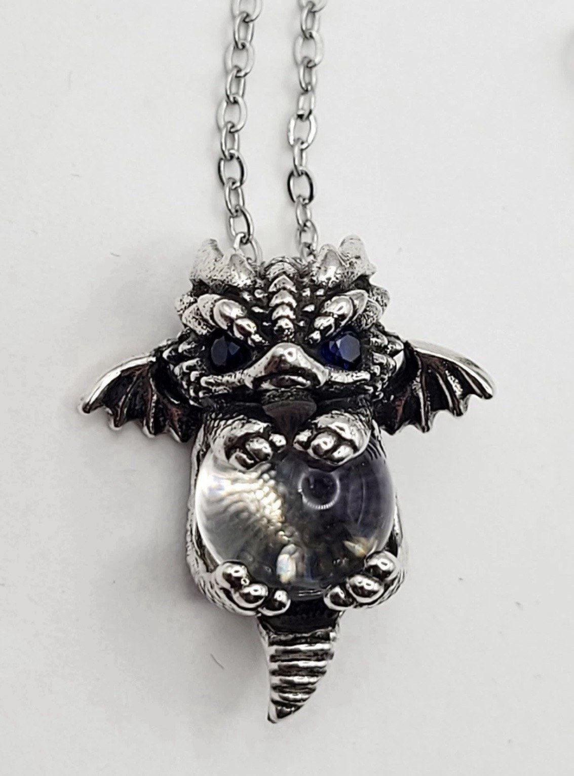 925 Sterling Silver Baby Dragon With Crystal Ball Necklace 17.7”