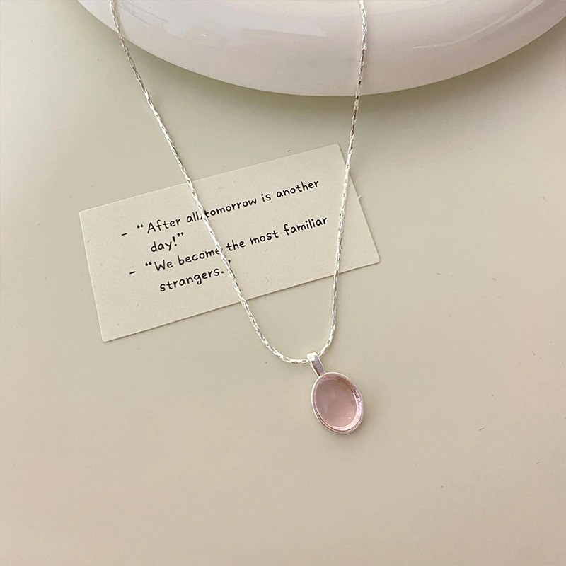 925 Sterling Silver Pink Crystal Moonstone Necklace Women Oval Pendant