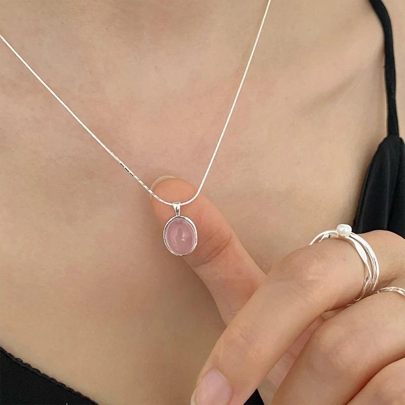 925 Sterling Silver Pink Crystal Moonstone Necklace Women Oval Pendant