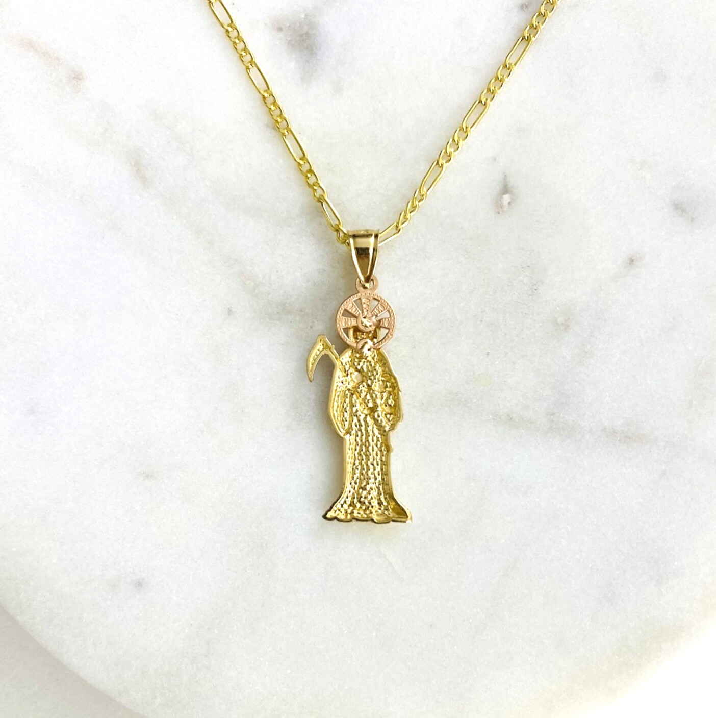 14K SOLID GOLD GRIM REAPER 20″ NECKLACE, 14K SOLID GOLD 34mm SANTA MUERTE – PT97