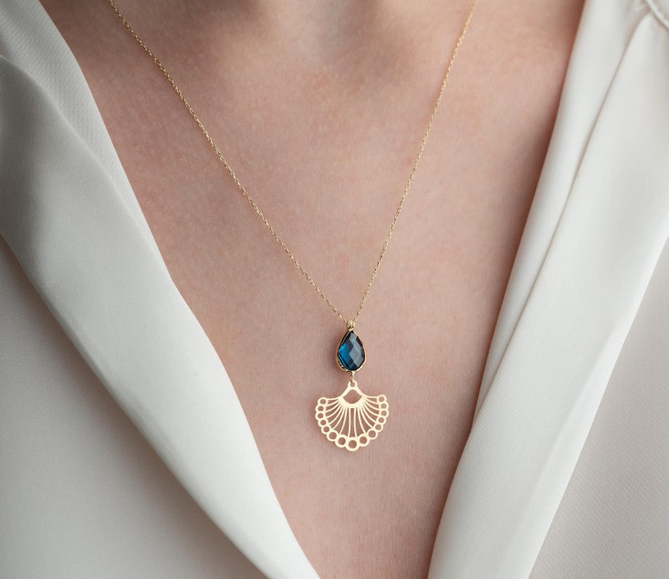 Dainty Blue Zircon Drop Necklace 14K Gold Minimalist Geometric Necklace 22″ 55cm