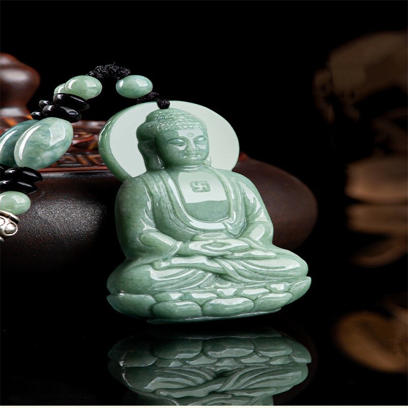 Natural Jade Green Buddha Amitabha Buddha Statue Necklace Pendant Male Female