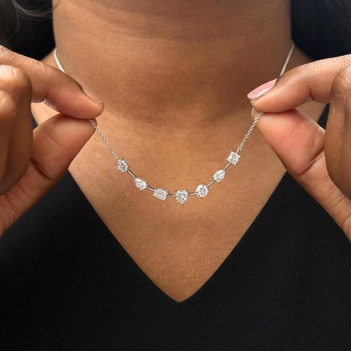 7 Ct Certified Treated Lovely White Diamond Chain Necklace In 925 Silver