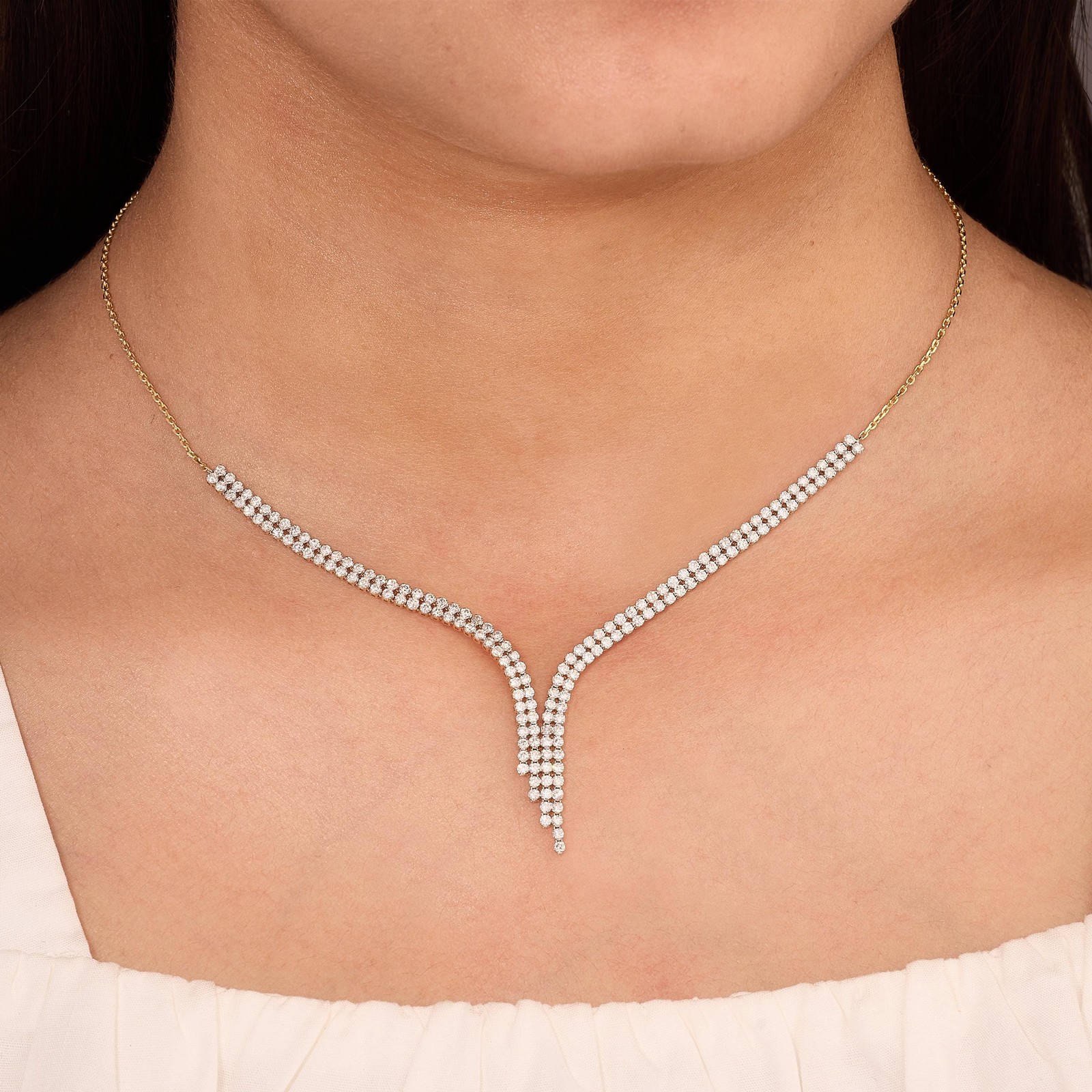 2.37 ct Natural Diamond Double Row Y Necklace 14K Gold Solid Gold Bridal Pave