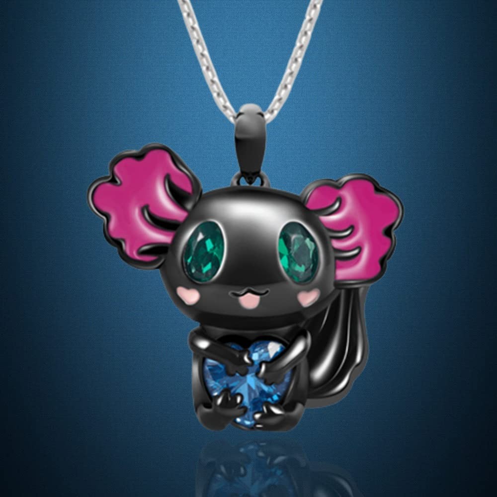Lovely Axolotl Pendant Necklace, Cute Animals Salamander Heart Shaped Crystal Pe