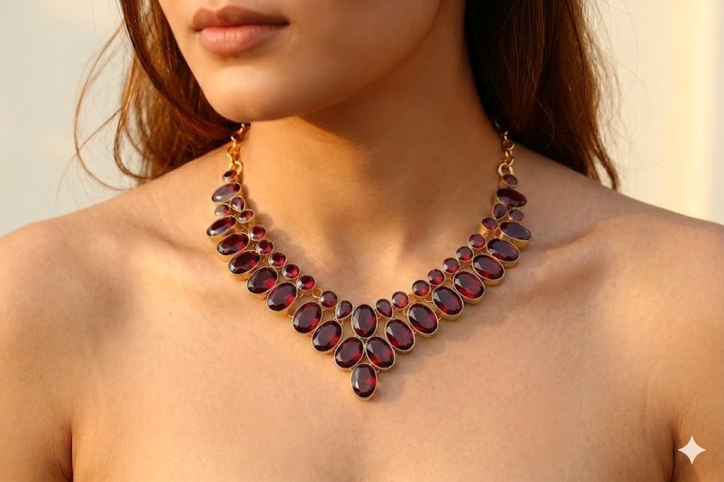 18K Gold Red Garnet Gemstone 925 Sterling Silver Jewelry Necklace S-18″