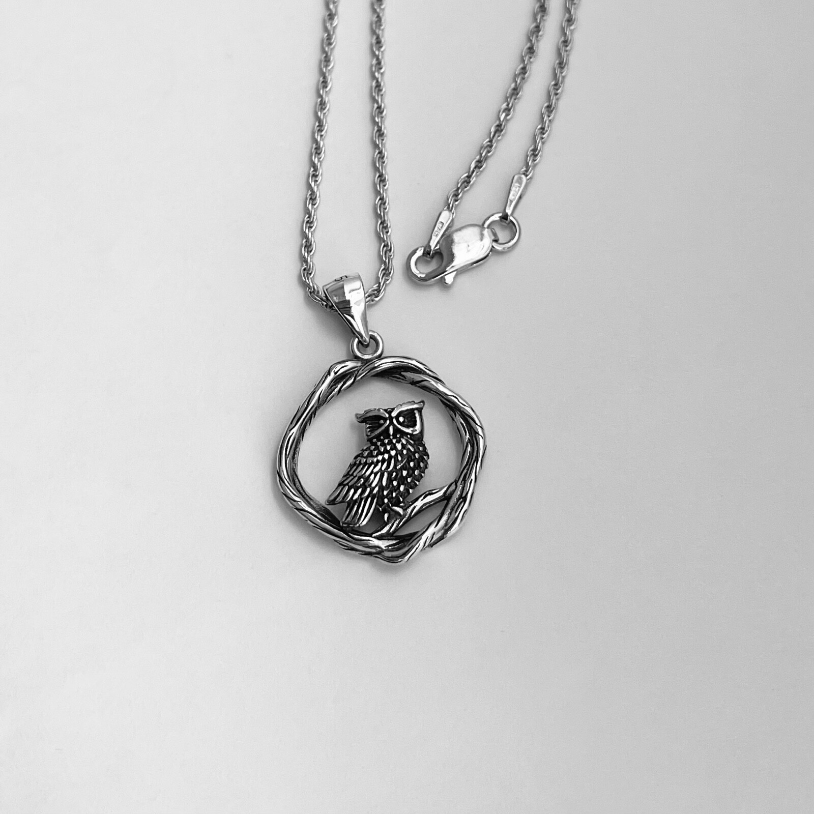 Sterling Silver Owl on Branch Necklace, Bird Chain, Owls, Animals, Spirit Birds