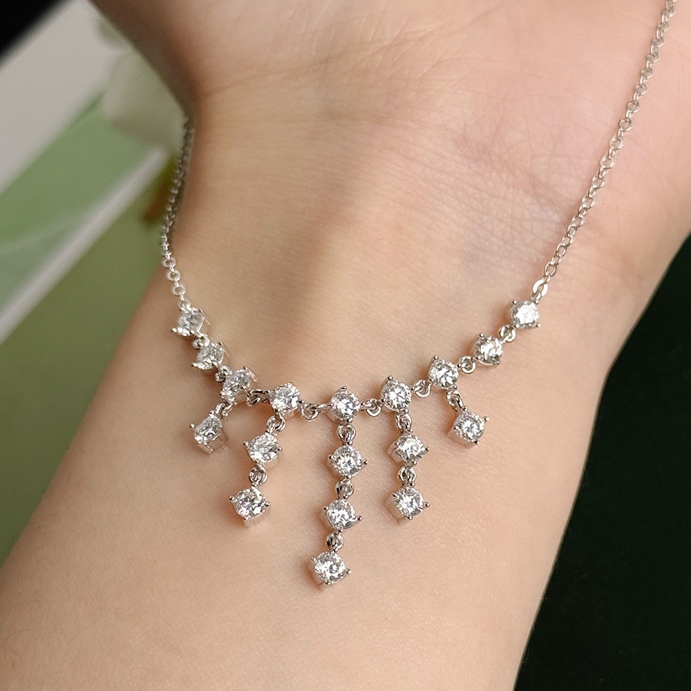 3mm Round Cut Real Moissanite Tassel Pendant Necklace 925 Sterling Silver Chain