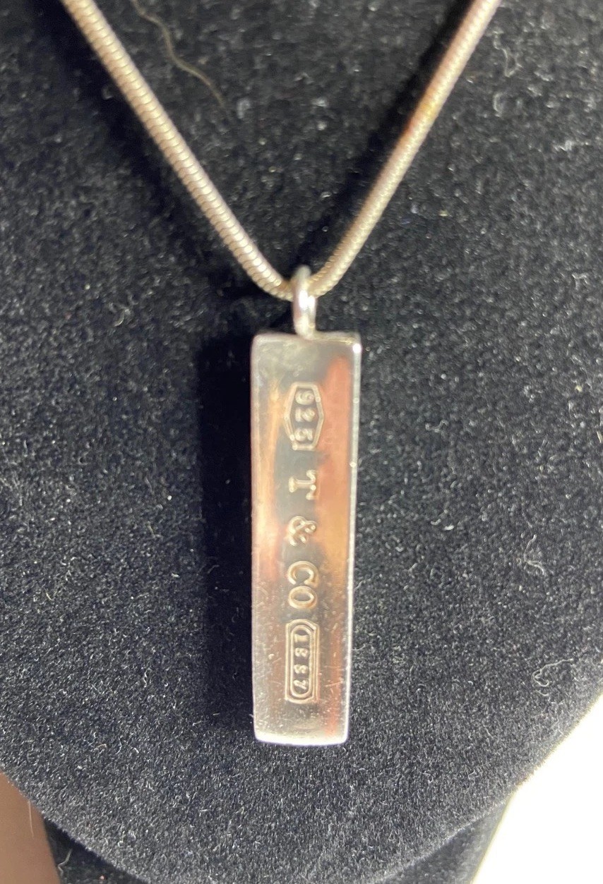 Tiffany & Co. 1837 Sterling Silver Bar Pendant Necklace w/16″ Chain Italy 925