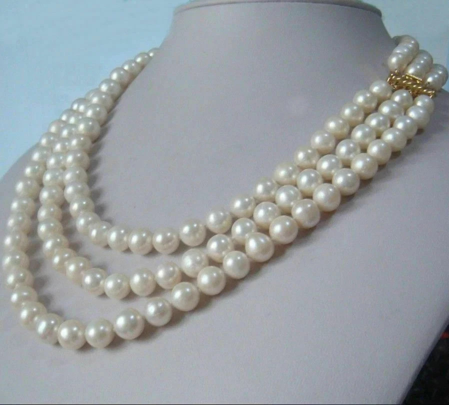 3 rows 18″ AAA+ natural 9-8mm white south sea round pearl necklace 14k gold