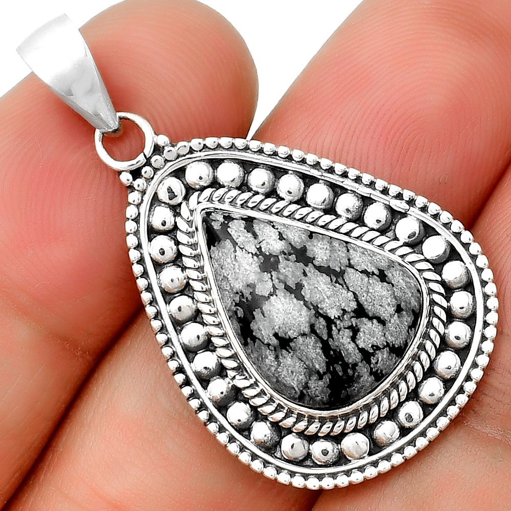 Natural Snow Flake Obsidian 925 Sterling Silver Pendant Jewelry P-1578