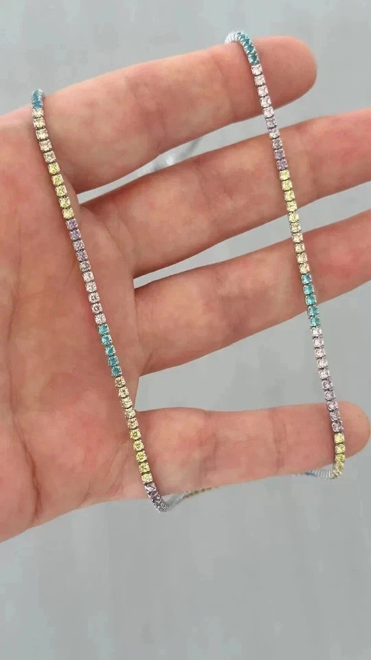 20TCW Round Cut Lab Created Rainbow Sapphire Tennis Necklace 925 Sterling Silver