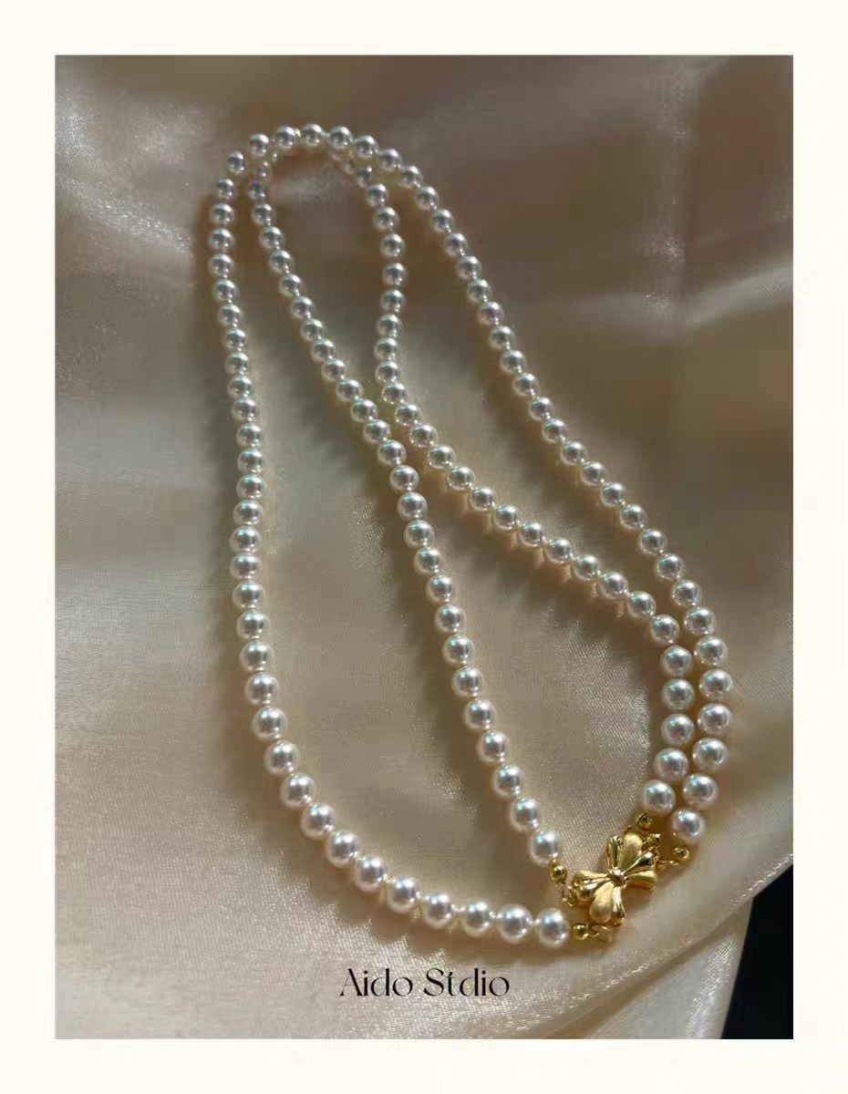 Double stranded AAA 6mm natural akoya white pearl necklace 40CM18K gold buckle