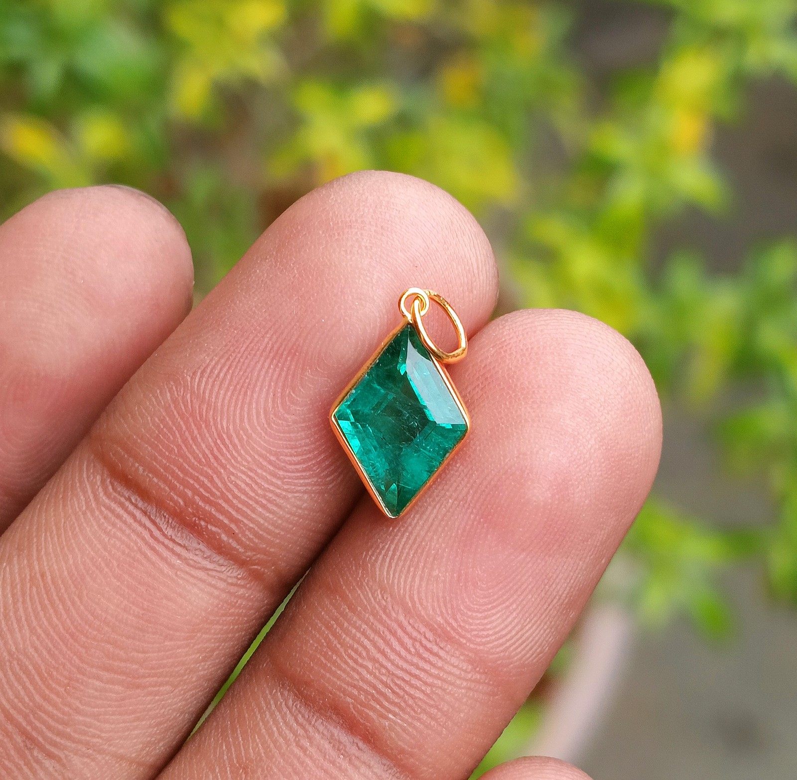 Emerald Gold Pendant, 18k Solid Gold Charm Handmade Necklace Gemstone Pendant
