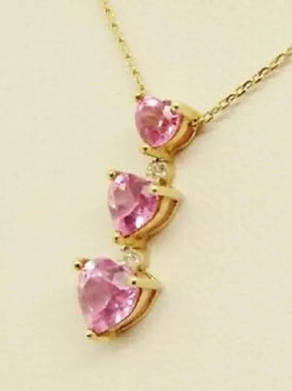 2.20Ct Heart Cut Pink Sapphire Three Stone Pendant 14K Yellow Gold Finish Chain