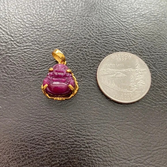 14K Solid Real Gold Laughing Male Buddha Natural Ruby Carved Pendant – Kid Size