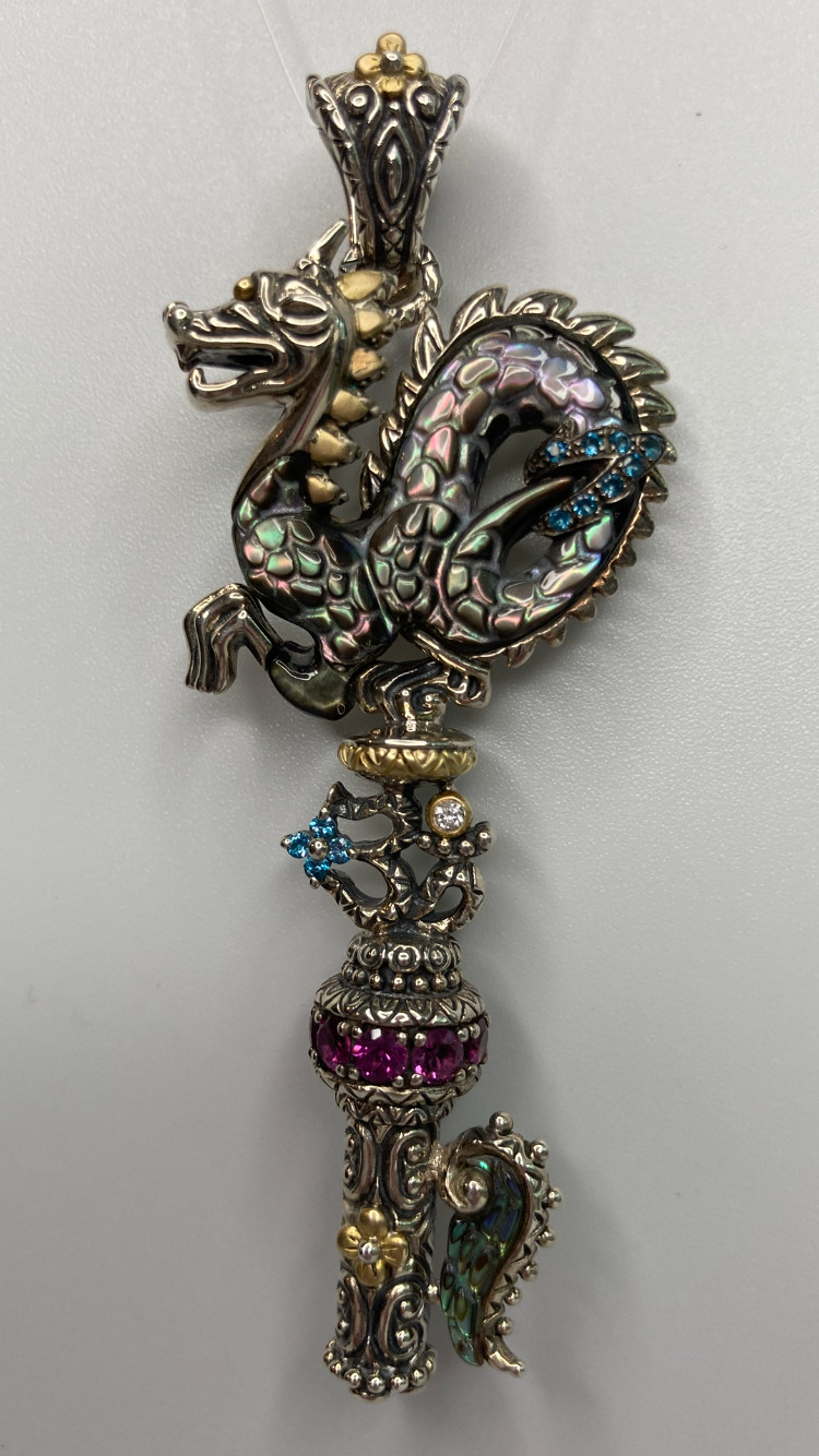 Barbara Bixby Dragon Key Enhancer Pendant Gemstones 18k Gold Sterling 925 in Box