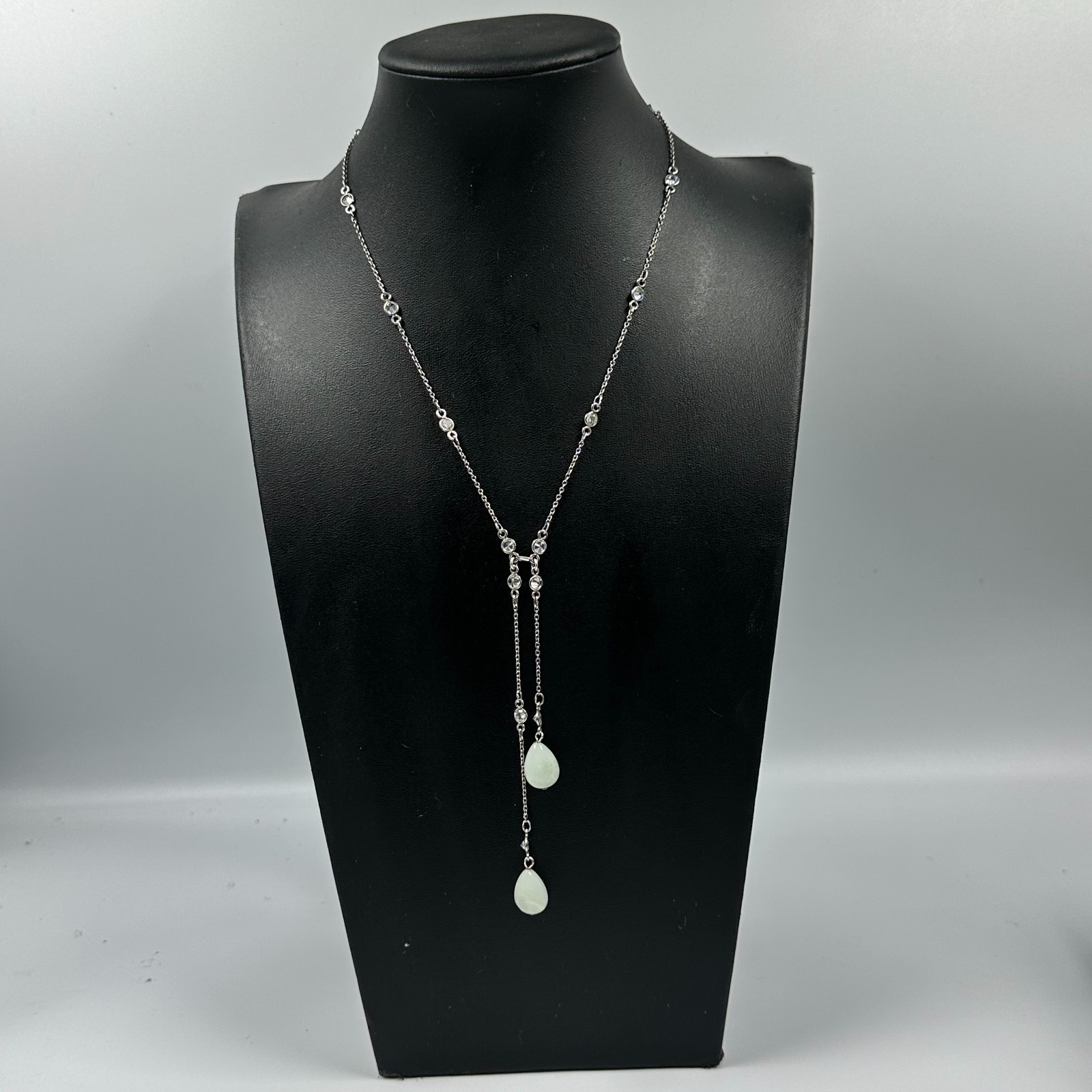 925 Sterling Silver Lariat Necklace Bezel Set CZ Stations Aventurine Teadrops