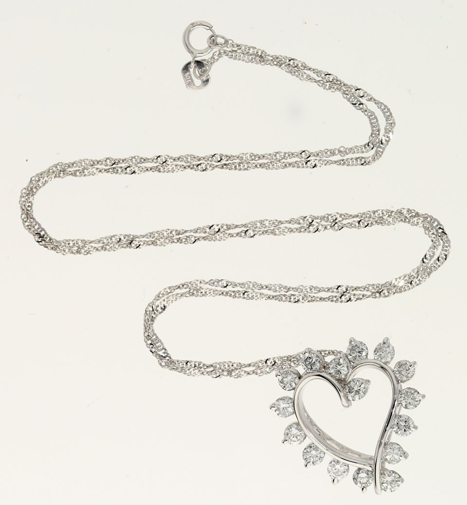 Diamond Heart Pendant Necklace 1.45CT 14K WG 18” Chain